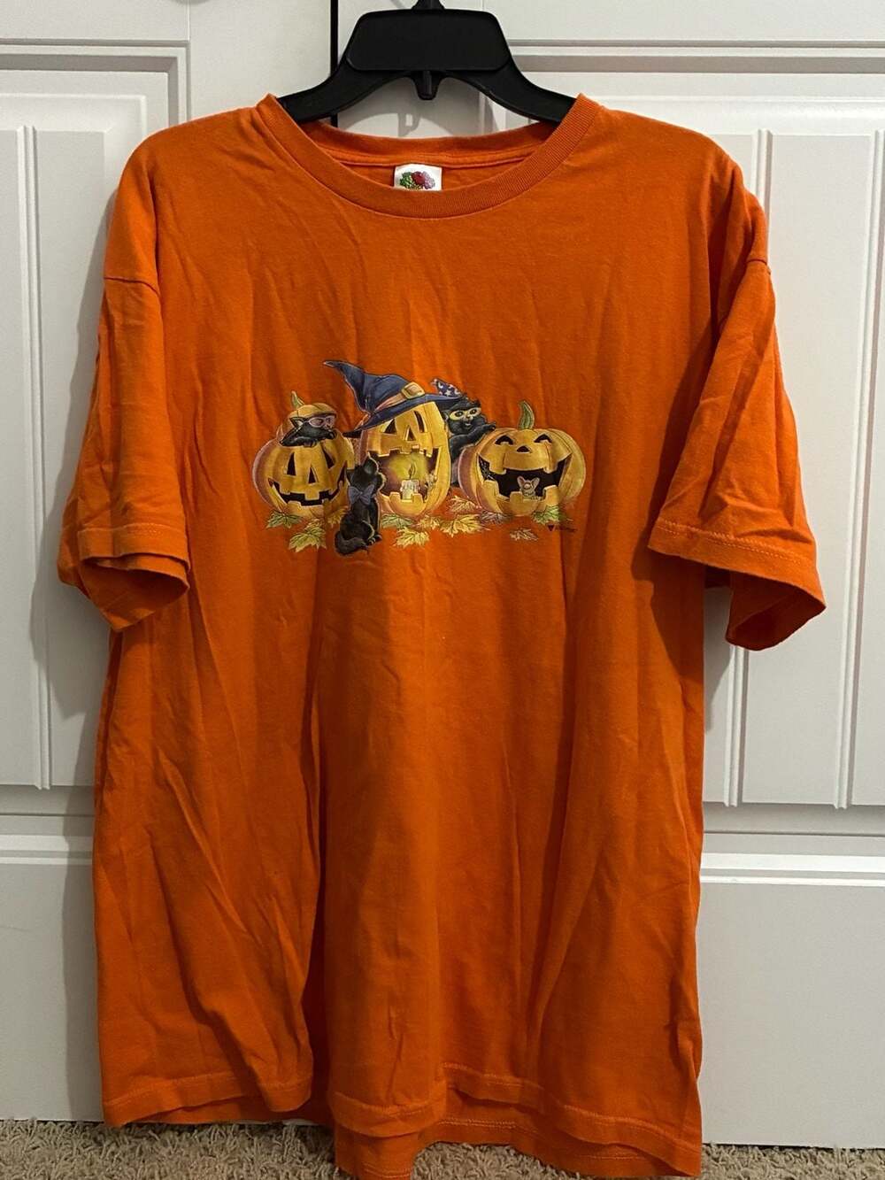 Fruit of the Loom Halloween Graphic T-Shirt Size XL Orange Pumpkin Cats